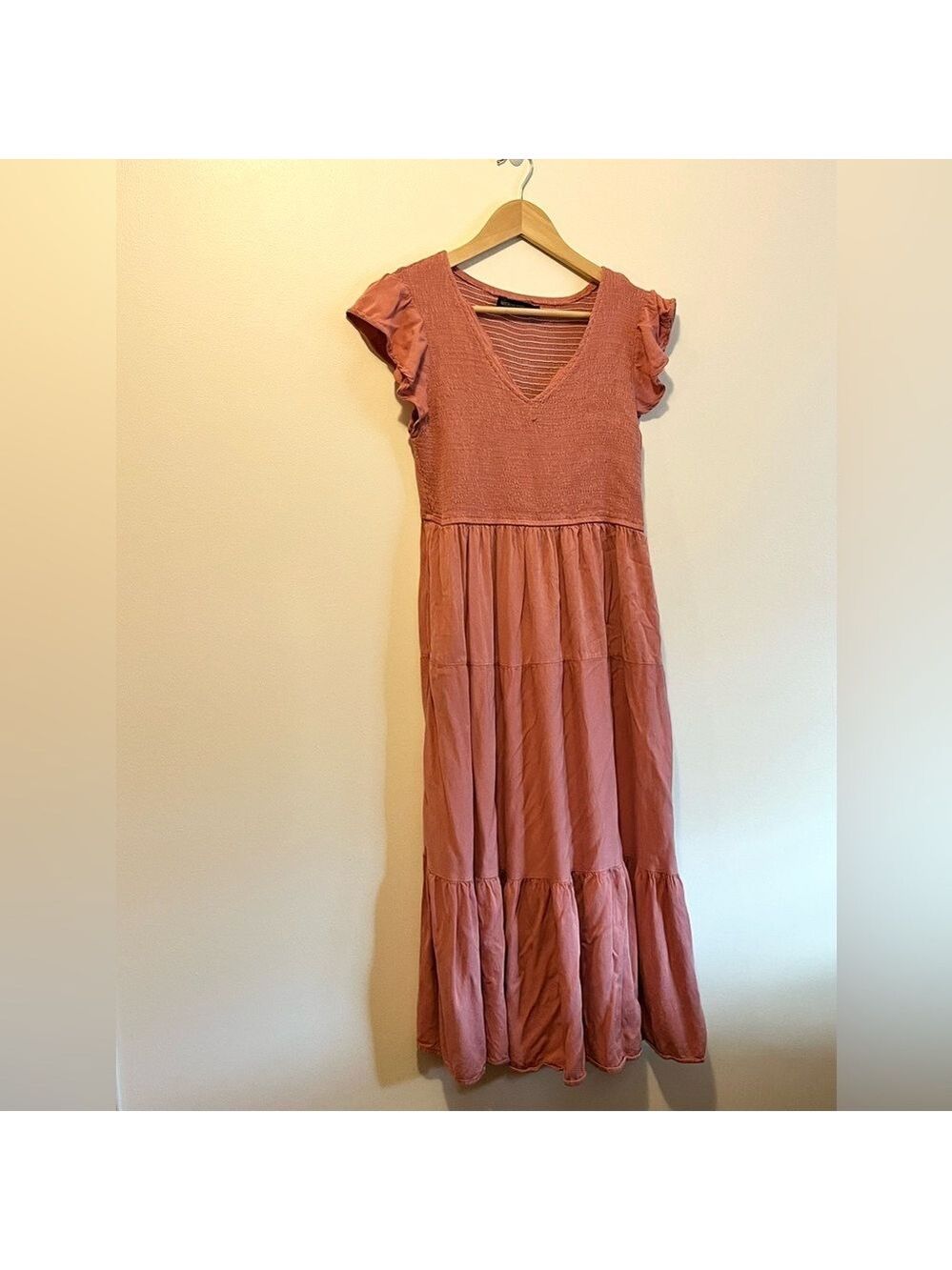Merokeety Maxi Dress Large Dusty Rose Smocked Bodice Tiered Boho Cottagecore
